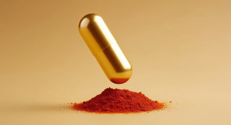 A shiny golden capsule with a red tip hovers above a small pile of vibrant red powder, all isolated on a plain white background.の素材