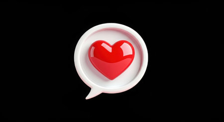 A glossy red heart is centered within a white, stylized speech bubble against a stark black background.の素材