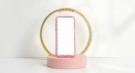 A minimalist pink and gold display stand holds a smartphone with a blank white screen, perfect for showcasing digital content.の素材