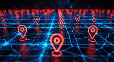 A futuristic digital grid with glowing blue lines connecting numerous red location pins, creating a sense of interconnectedness and data flow.の素材