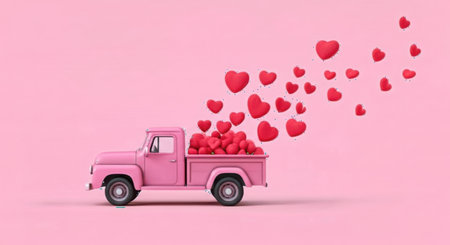 A vintage pink pickup truck overflowing with red hearts, with many more hearts floating away into the air.の素材