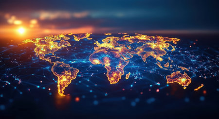 A vibrant, glowing map of the Earth at twilight, showcasing illuminated cities and the setting sun.の素材