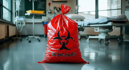 A bright red biohazard bag with a biohazard symbol stands prominently in a hospital room, surrounded by medical equipment.の素材