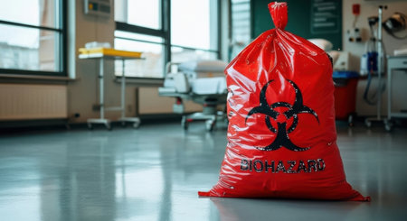 A bright red biohazard bag stands prominently in a hospital room, with medical equipment visible in the background.の素材