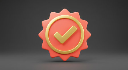 a red badge with a golden check mark in the center, set against a plain gray background. 100 chars exactlyの素材