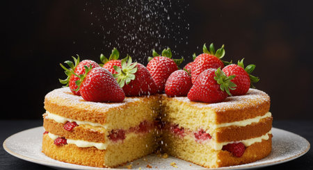 a delicious strawberry cake is topped with fresh strawberries and dusted with powdered sugar falling downの素材
