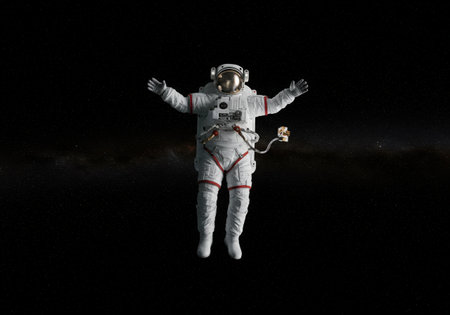 An astronaut floats in the vast expanse of space, arms outstretched, seemingly embracing the cosmos. The figure is clad in a white spacesuit against the dark backdrop, symbolizing freedom and exploration.の素材
