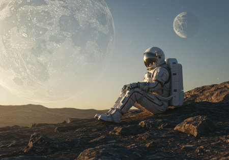 An astronaut is sitting on a rocky planet surface, looking at two moons in the sky. The scene evokes a sense of exploration and solitude in the vastness of space, highlighting the astronaut's journey.の素材
