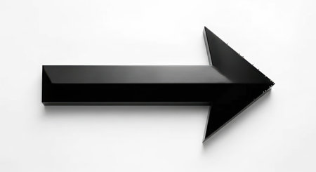 A stark, three-dimensional black arrow is positioned horizontally, pointing directly to the right against a clean white surface.の素材