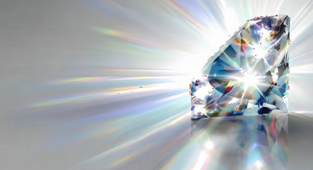 A faceted crystal sculpture sits on a reflective surface, emitting bright, colorful light rays in a starburst pattern.の素材
