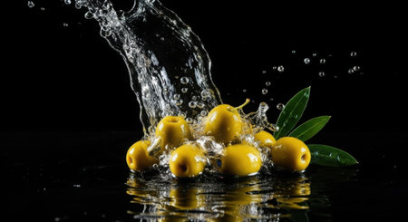 A dynamic shot of bright yellow lemons being showered with water, creating a refreshing and vibrant visual against a deep black backdrop.の素材