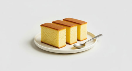 Three rectangular slices of light yellow sponge cake are arranged on a white plate with a silver spoon, presented against a plain background.の素材