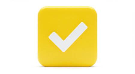 A glossy, rounded yellow square featuring a prominent white check mark. This clean and simple graphic is isolated on a pure white background, perfect for digital use.の素材