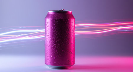 A vibrant pink beverage can, glistening with condensation, stands prominently against a soft gradient background. Streaks of light in pink and blue add a dynamic, energetic feel to this isolated object.の素材