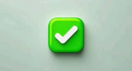 A bright green, rounded rectangular button with a white check mark symbol. Isolated on a pale green background.の素材