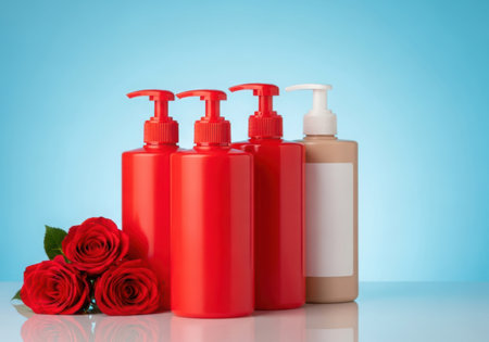 Four pump bottles of lotion, three red and one tan, are arranged with a bouquet of red roses against a soft blue backdrop.の素材