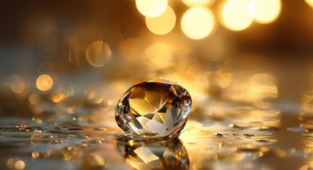 A single faceted gemstone sits on a reflective surface, illuminated by soft, blurred golden lights creating a magical, celebratory atmosphere.の素材