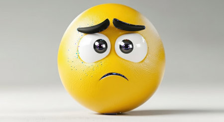 A single, anthropomorphic yellow egg with a sad expression, large expressive eyes, and a curved downturned mouth against a neutral background.の素材