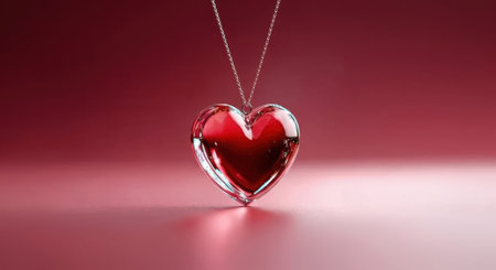 A vibrant, transparent red glass heart pendant hangs from a thin chain, reflecting light against a soft, blurred pink background.の素材