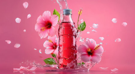 A clear glass bottle filled with a vibrant pink liquid is adorned with lush pink flowers and floating petals against a soft pink backdrop.の素材