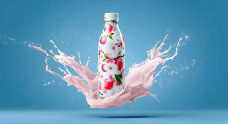 A bottle of strawberry flavored drink is captured mid-splash with pink liquid exploding outwards against a solid blue backdrop.の素材