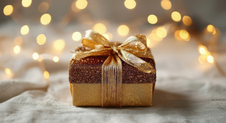A beautifully wrapped gift box with a shimmering golden ribbon sits on a textured surface, illuminated by soft, blurred bokeh lights.の素材