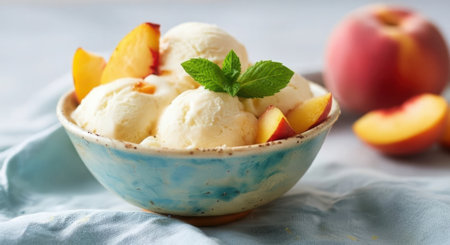 A refreshing bowl of creamy peach ice cream adorned with mint leaves and fresh peach slices, perfect for a summer treat.の素材