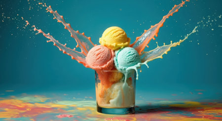 A vibrant glass filled with three scoops of ice cream, erupting in a dynamic splash of colorful liquid against a teal background.の素材