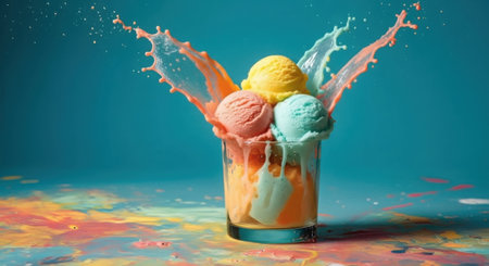 A vibrant glass filled with multiple colorful ice cream scoops, with liquid splashing dramatically upwards against a teal background.の素材