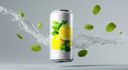A sleek beverage can featuring a lemon and mint design, surrounded by dynamic water splashes and floating green leaves.の素材