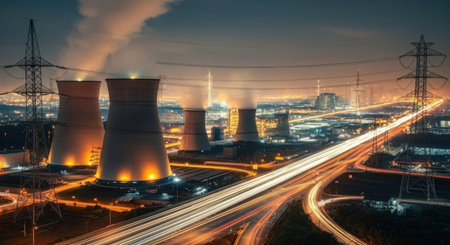 A sprawling industrial complex with cooling towers and power lines is illuminated at dusk, with glowing city lights and blurred car light trails on a highway.の素材