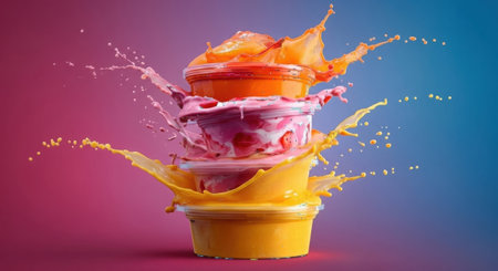 A dynamic image captures three ice cream cones stacked and splashing with bright, colorful liquids against a gradient background.の素材