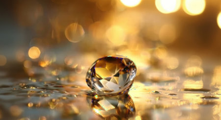 A single, brilliant diamond sits on a wet surface, catching and reflecting warm golden light in a bokeh background.の素材