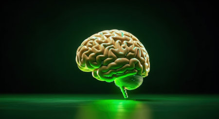 A detailed 3D render of a human brain, glowing with vibrant green light against a dark, reflective background.の素材