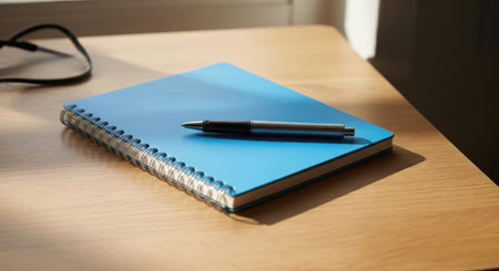 A blue spiral-bound notebook rests on a wooden desk, with a pen on top and glasses to the side.の素材