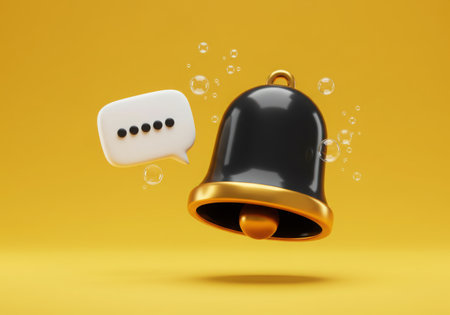 A 3D render of a black notification bell and a white chat bubble with dots, floating against a yellow background with small bubbles.の素材