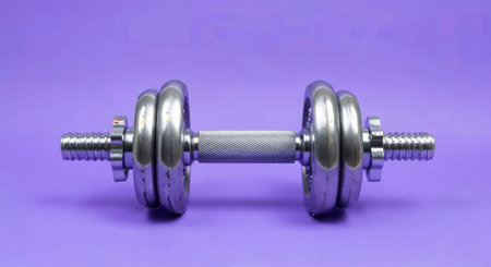 A single, shiny chrome dumbbell with adjustable weight plates is centered against a vibrant purple backdrop.の素材