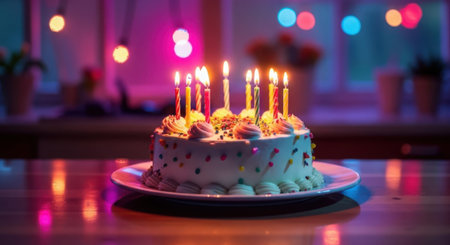 A delicious frosted birthday cake sits on a plate, adorned with numerous lit candles, set against a backdrop of colorful bokeh lights.の素材