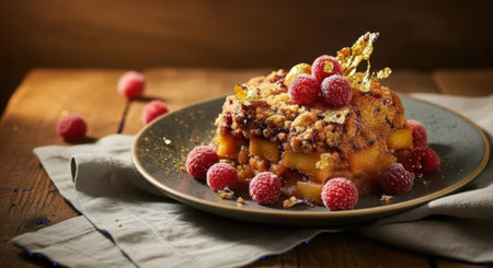 A close-up of a rich dessert, adorned with fresh raspberries, crunchy toppings, and a glistening caramel shard.の素材