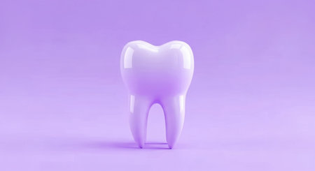 A clean, white molar tooth is centered against a smooth, pastel purple backdrop with subtle shadows.の素材