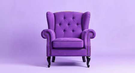 A single, luxurious purple wingback armchair with deep tufting and rolled arms sits on a matching lavender floor.の素材