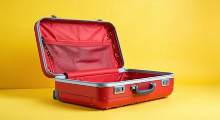 An empty, open red suitcase with a silver frame sits against a vibrant yellow backdrop, ready to be packed for a journey.の素材