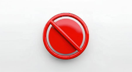 A bright red oval shape with a diagonal line through it, signifying prohibition or a stop sign, isolated on a plain white surface.の素材