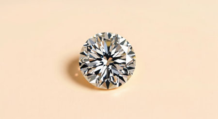 A single, radiant oval-cut diamond with exceptional sparkle is showcased against a smooth, light peach-colored surface.の素材