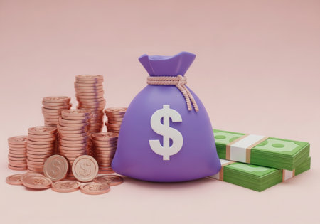 A stylized purple money bag with a dollar sign sits beside stacks of coins and bundles of cash on a pink background.の素材