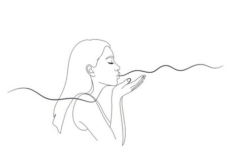 A minimalist line drawing of a woman's profile blowing a wavy stream of lines, suggesting bubbles or smoke.の素材