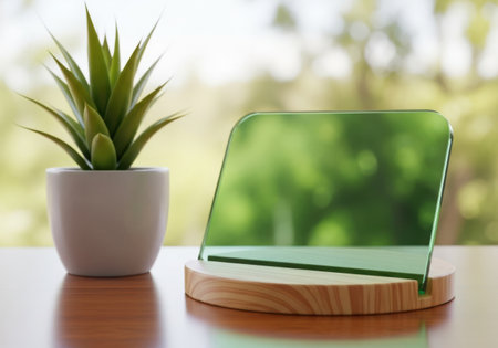 A green glass display stand with a wooden base sits next to a potted plant, isolated on a white background.の素材