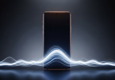 A sleek, dark smartphone stands upright, emitting a vibrant blue energy wave that flows around its base, isolated on a clean white background.の素材