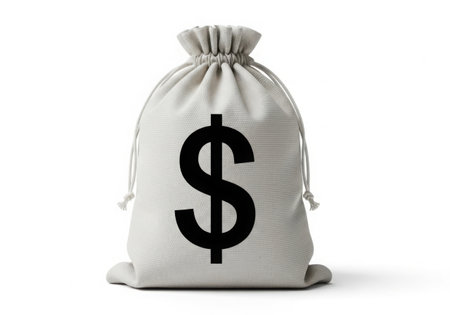 A canvas drawstring money bag with a prominent black dollar sign symbol is presented isolated on a clean white background.の素材