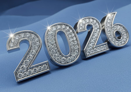 The numbers 2026 are rendered in a luxurious, diamond-encrusted style, sparkling against a textured blue background.の素材